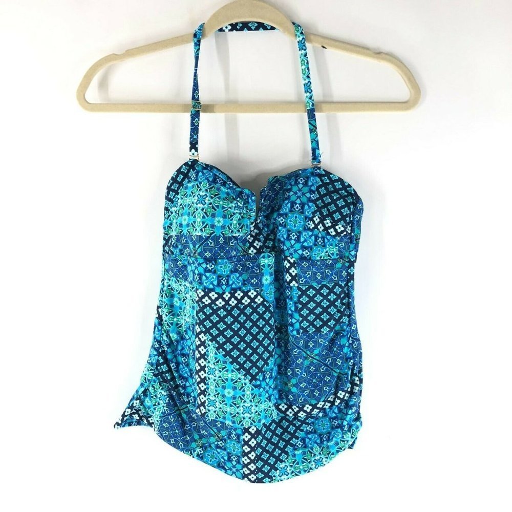 Lands End Tankini Top Halter Molded Cups Tummy Control Geometric Blue 6